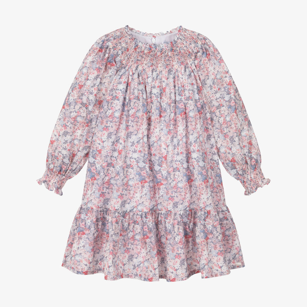Tartine et Chocolat-Girls Pink & Blue Floral Cotton Dress | Childrensalon