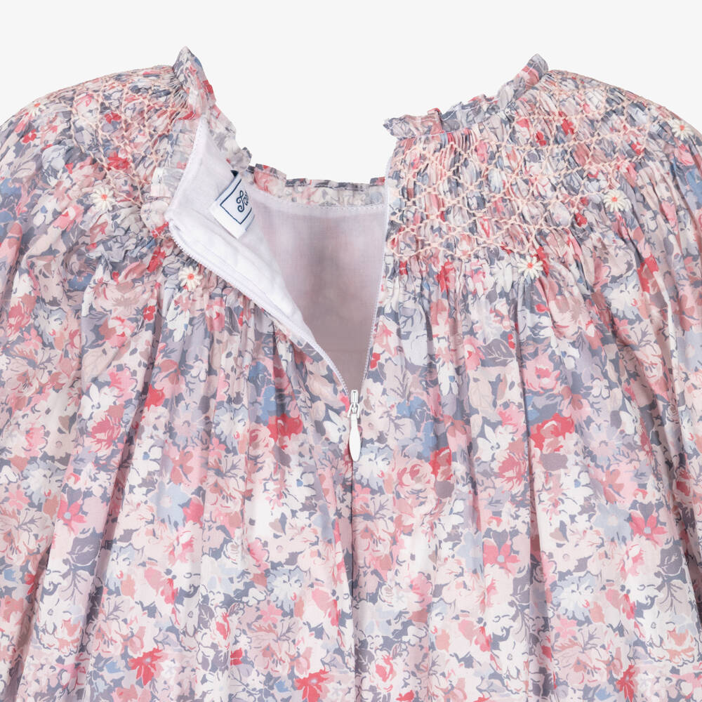Tartine et Chocolat-Girls Pink & Blue Floral Cotton Dress | Childrensalon