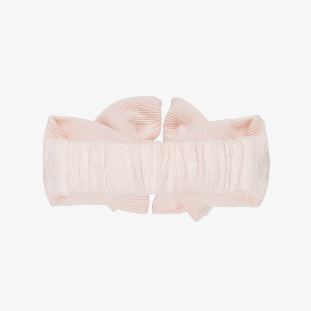 Tartine et Chocolat-Girls Pink Bow Ribbed Cotton Jersey Headband | Childrensalon