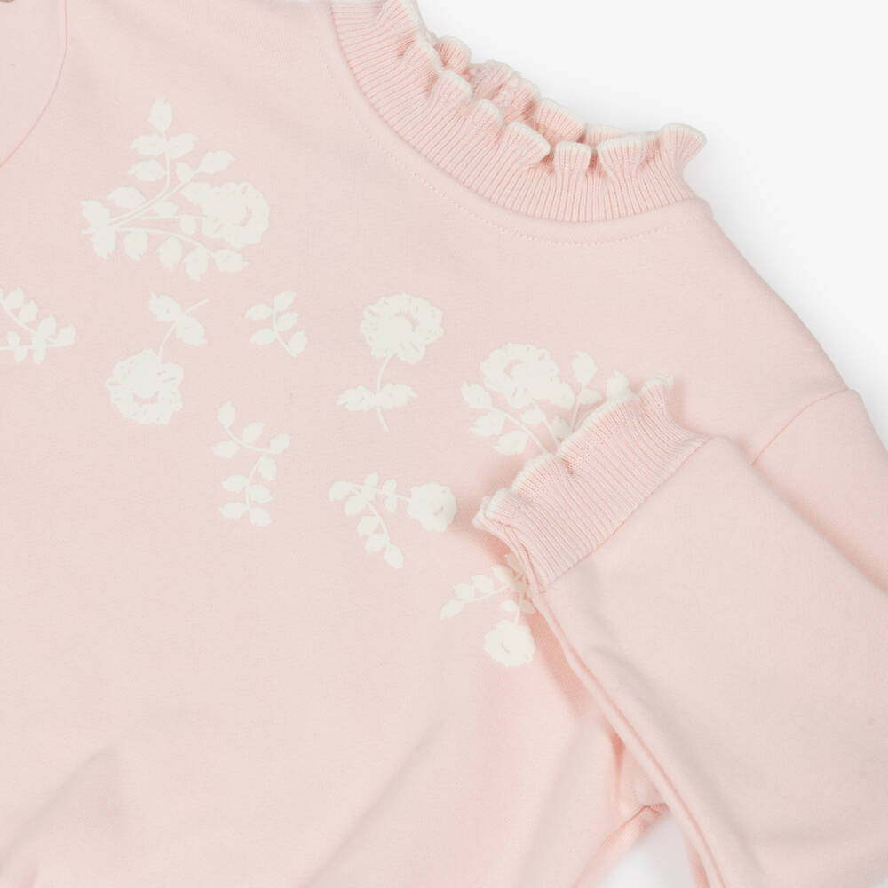 Tartine et Chocolat-Girls Pink Cotton Floral & Frill Sweatshirt | Childrensalon