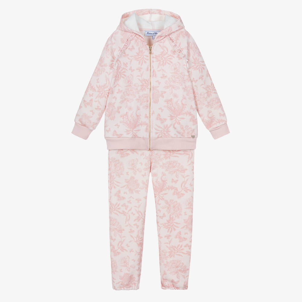 Tartine et Chocolat-Girls Pink Cotton Jersey Toile De Jouy Tracksuit | Childrensalon