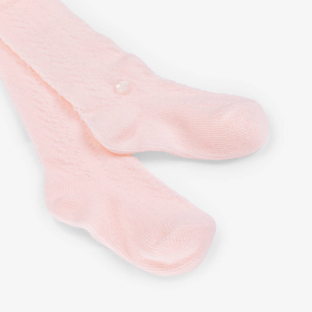 Tartine et Chocolat-Girls Pink Cotton Knit Lace Pattern Tights | Childrensalon