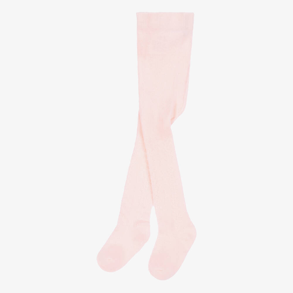 Tartine et Chocolat-Girls Pink Cotton Knit Lace Pattern Tights | Childrensalon