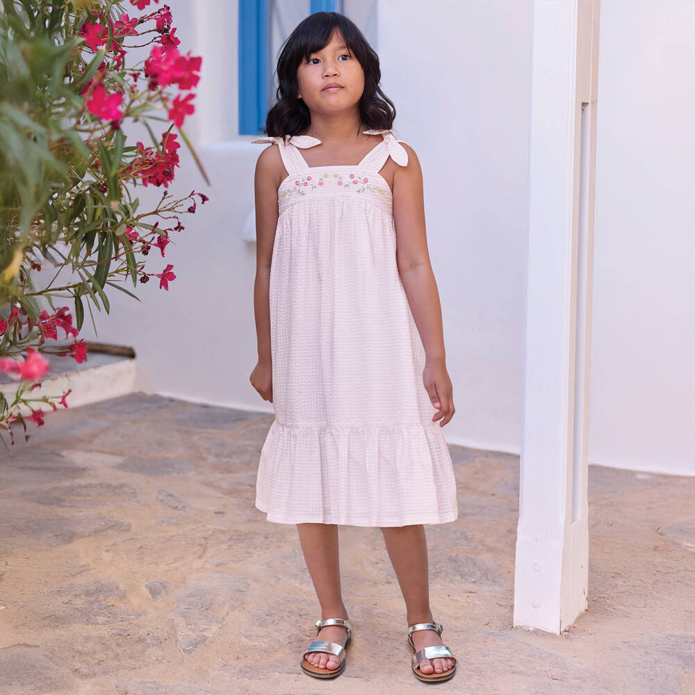 Tartine et Chocolat-Girls Pink Cotton Seersucker Dress with Floral Embroidery | Childrensalon