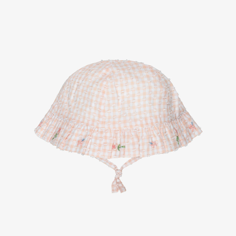 Tartine et Chocolat-Girls Pink Cotton Seersucker Hat with Floral Embroidery | Childrensalon