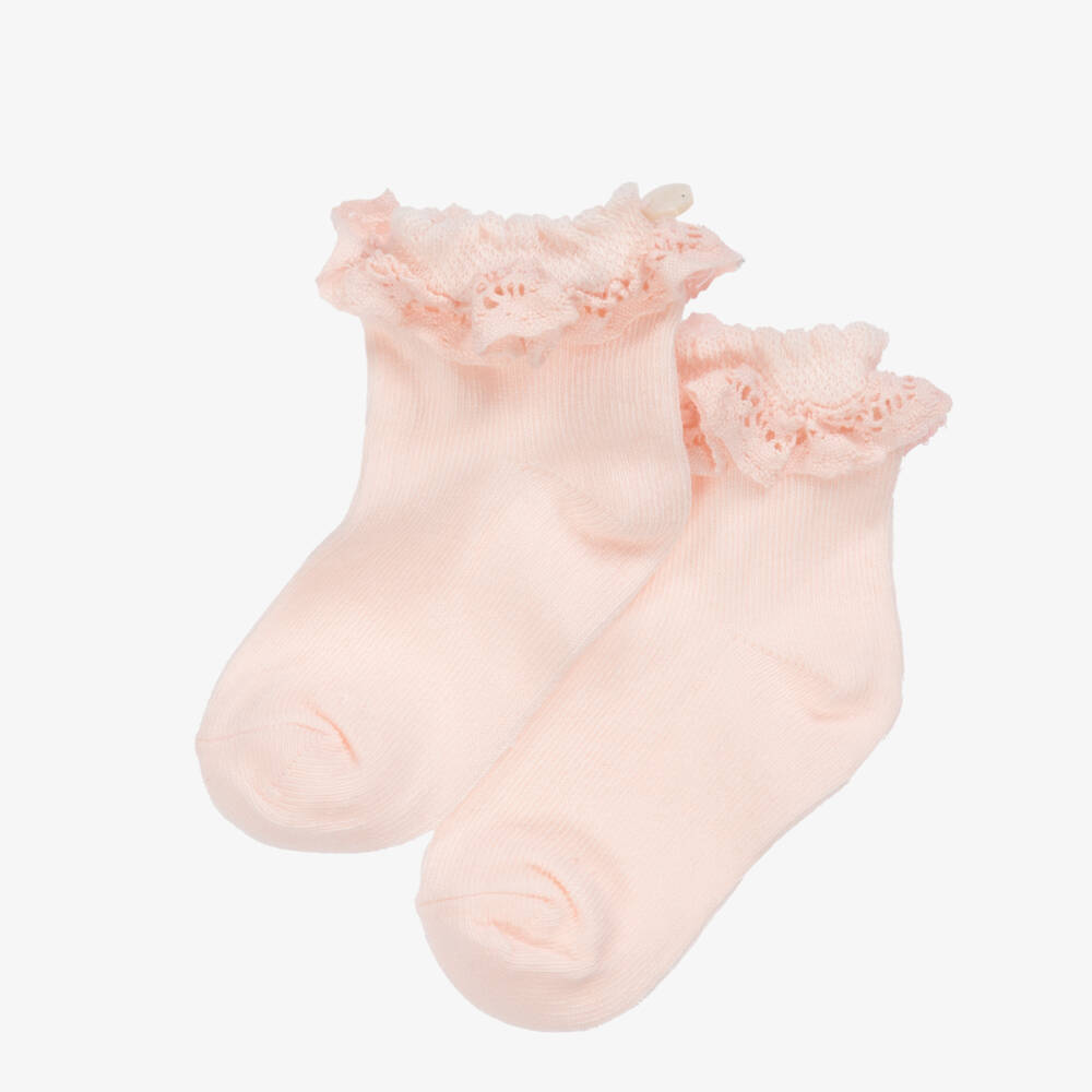 Tartine et Chocolat-Girls Pink Cotton Socks with Lacy Ruffles | Childrensalon