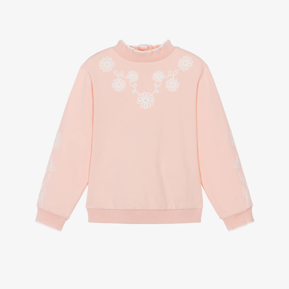 Tartine et Chocolat-Girls Pink Cotton Sweatshirt with Flower Embroidery | Childrensalon
