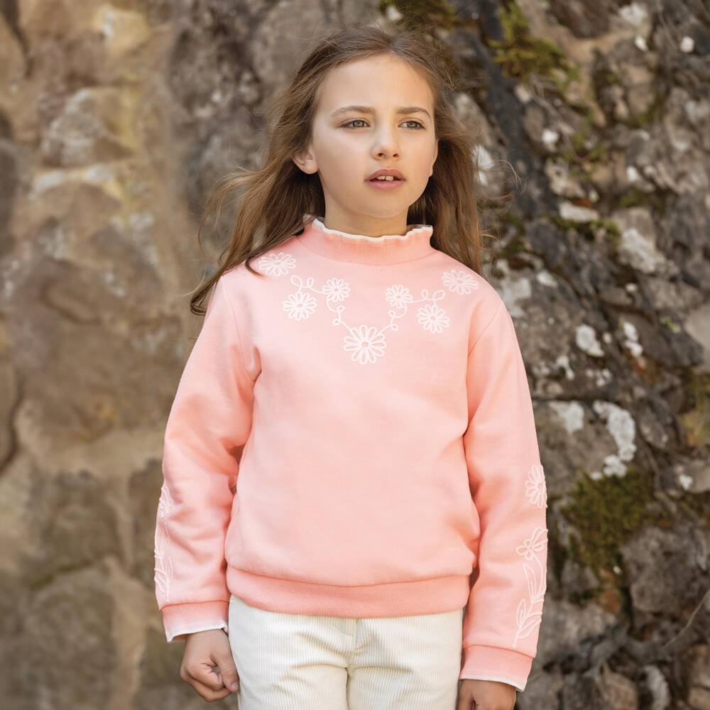 Tartine et Chocolat-Girls Pink Cotton Sweatshirt with Flower Embroidery | Childrensalon