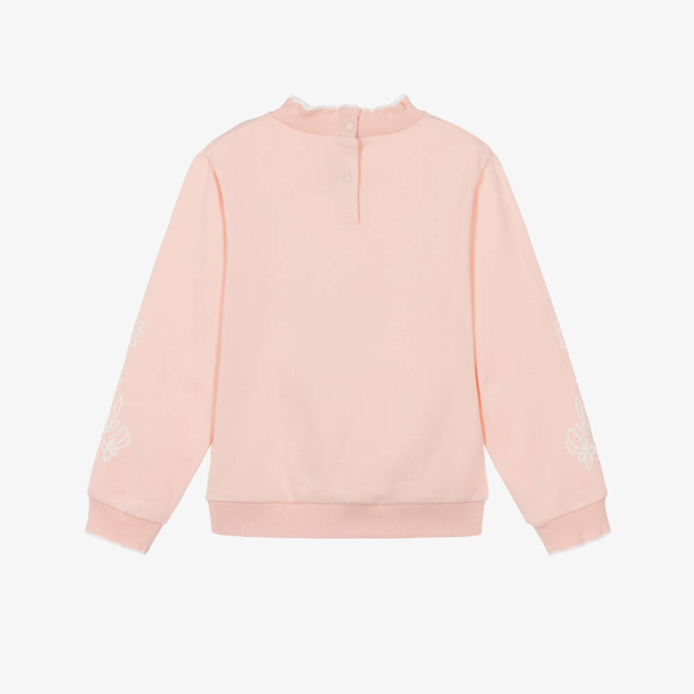 Tartine et Chocolat-Girls Pink Cotton Sweatshirt with Flower Embroidery | Childrensalon