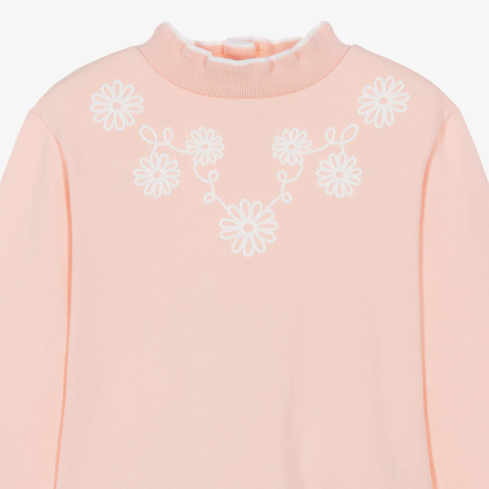 Tartine et Chocolat-Girls Pink Cotton Sweatshirt with Flower Embroidery | Childrensalon