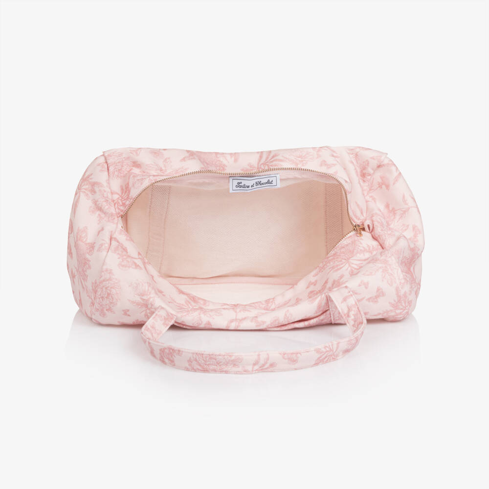 Tartine et Chocolat-Girls Pink Cotton Toile De Jouy Duffel Bag (36cm) | Childrensalon