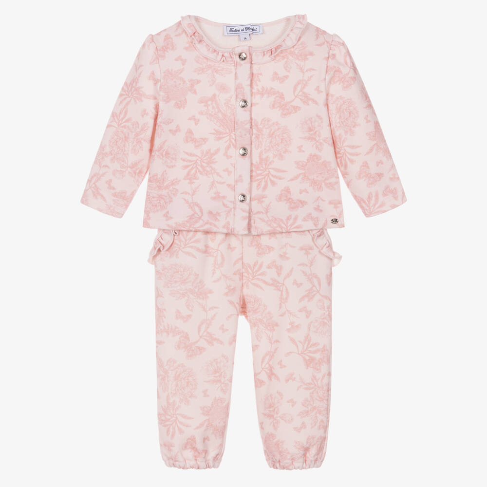 Tartine et Chocolat-Girls Pink Cotton Toile De Jouy Style Joggers Set | Childrensalon