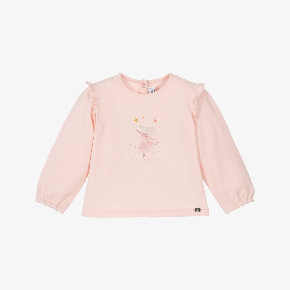 Tartine et Chocolat-Girls Pink Cotton Top with Ballerina Mouse Print | Childrensalon