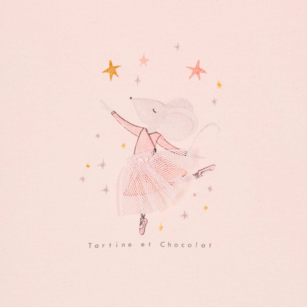 Tartine et Chocolat-Girls Pink Cotton Top with Ballerina Mouse Print | Childrensalon