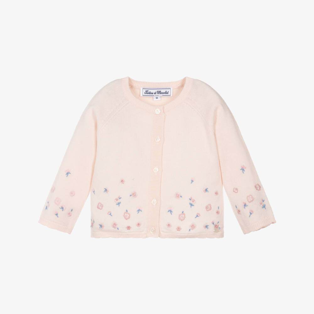 Tartine et Chocolat-Girls Pink Embroidered Floral Knitted Cardigan | Childrensalon
