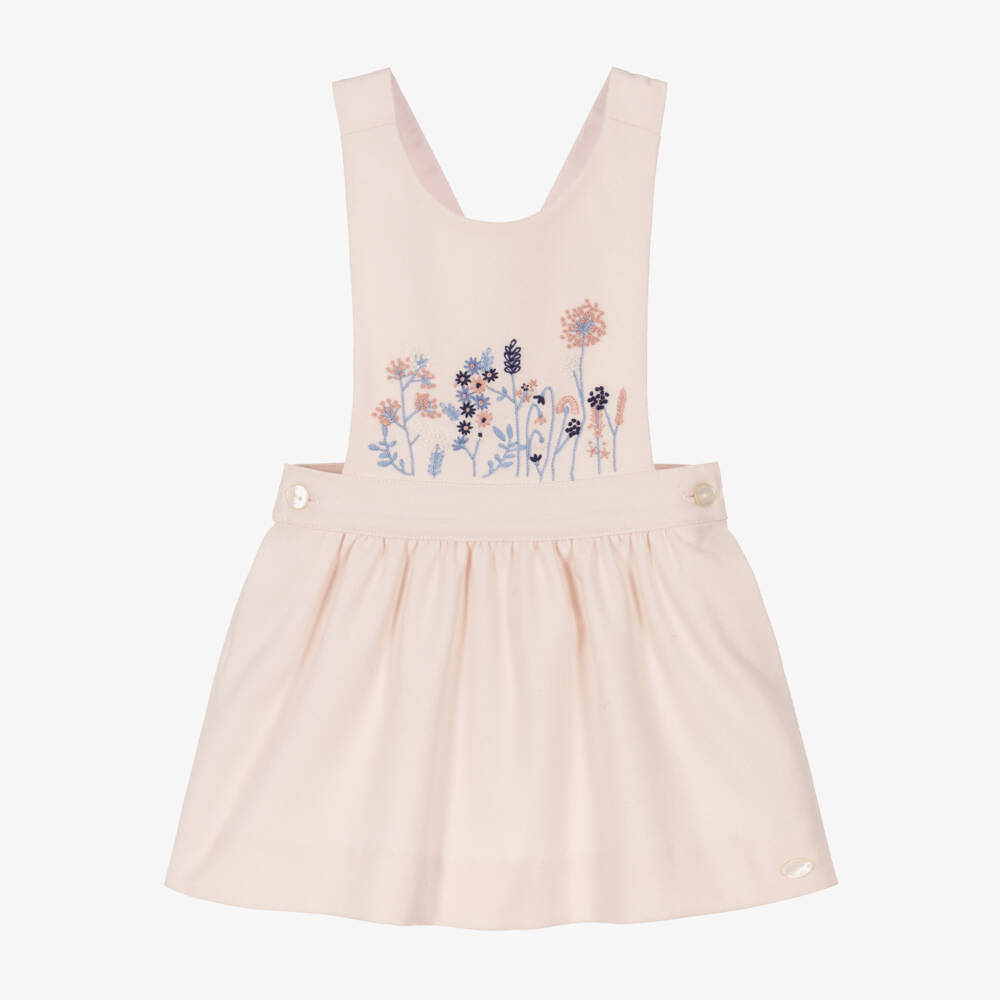 Tartine et Chocolat-Girls Pink Floral Embroidered Pinafore Dress | Childrensalon