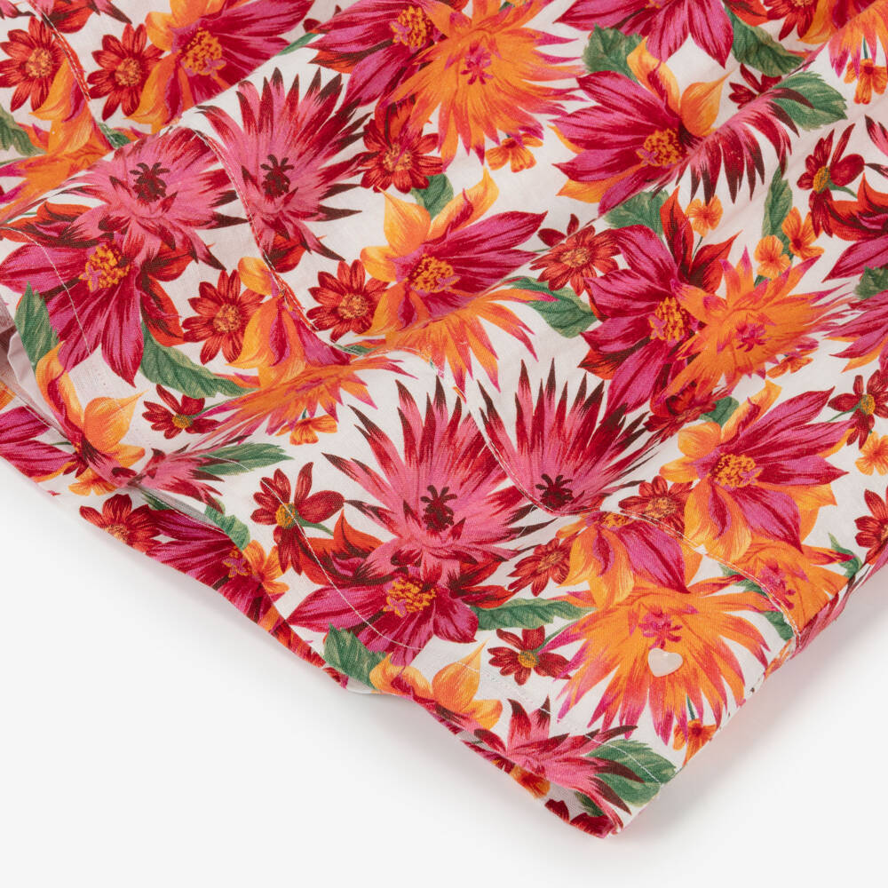 Tartine et Chocolat-Girls Pink Floral Linen & Cotton Dress | Childrensalon