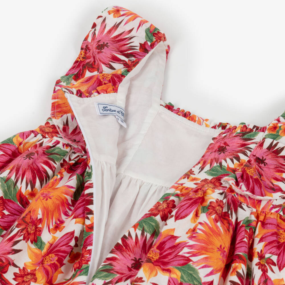 Tartine et Chocolat-Girls Pink Floral Linen & Cotton Dress | Childrensalon