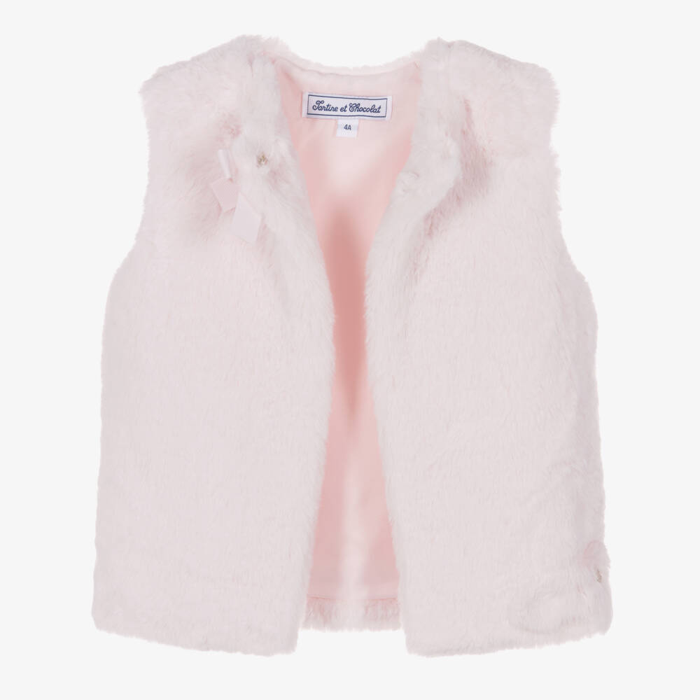 Tartine et Chocolat-Girls Pink Fur Gilet with Grosgrain Ribbon Bow | Childrensalon
