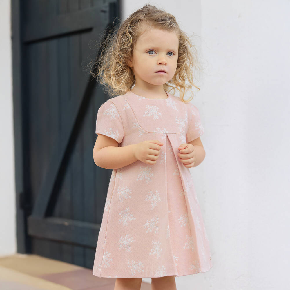 Tartine et Chocolat-Girls Pink & Glittery Ivory Floral Jacquard Dress | Childrensalon