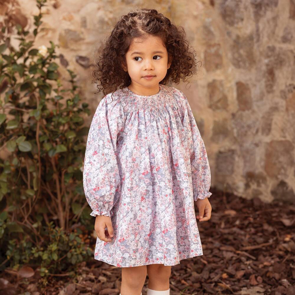 Tartine et Chocolat-Girls Pink & Grey Cotton Floral Print Dress | Childrensalon