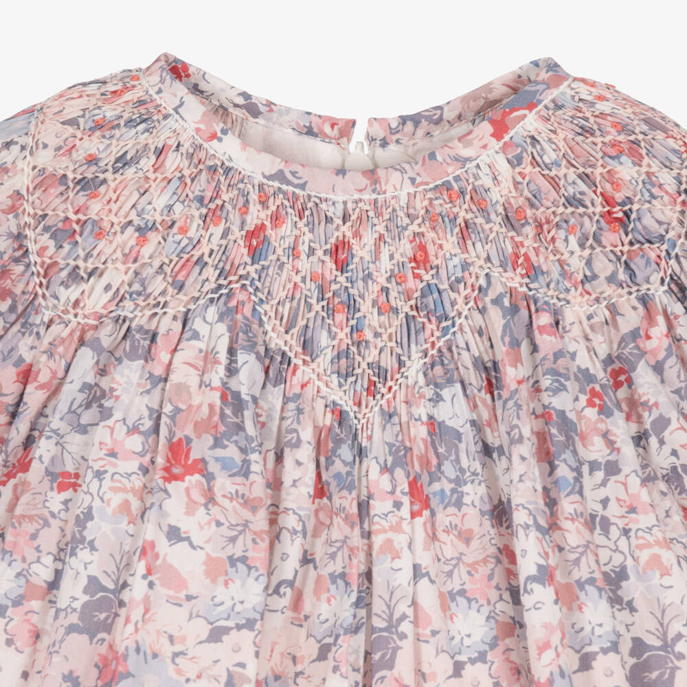 Tartine et Chocolat-Girls Pink & Grey Cotton Floral Print Dress | Childrensalon