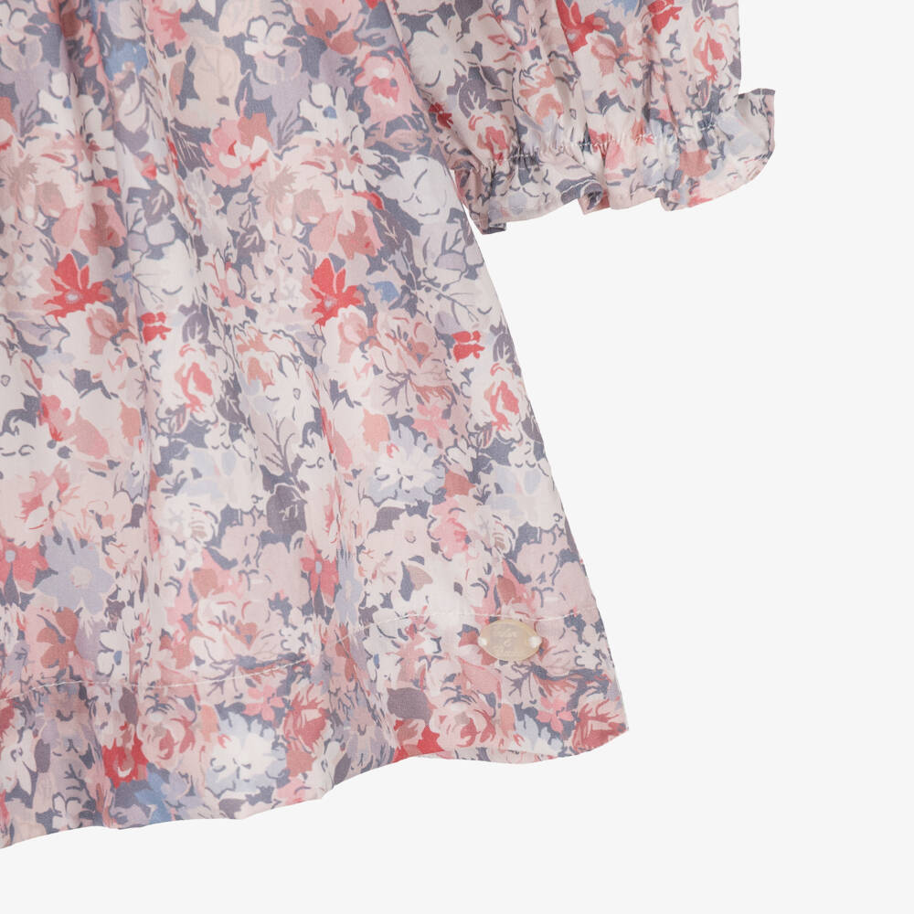 Tartine et Chocolat-Girls Pink & Grey Cotton Floral Print Dress | Childrensalon