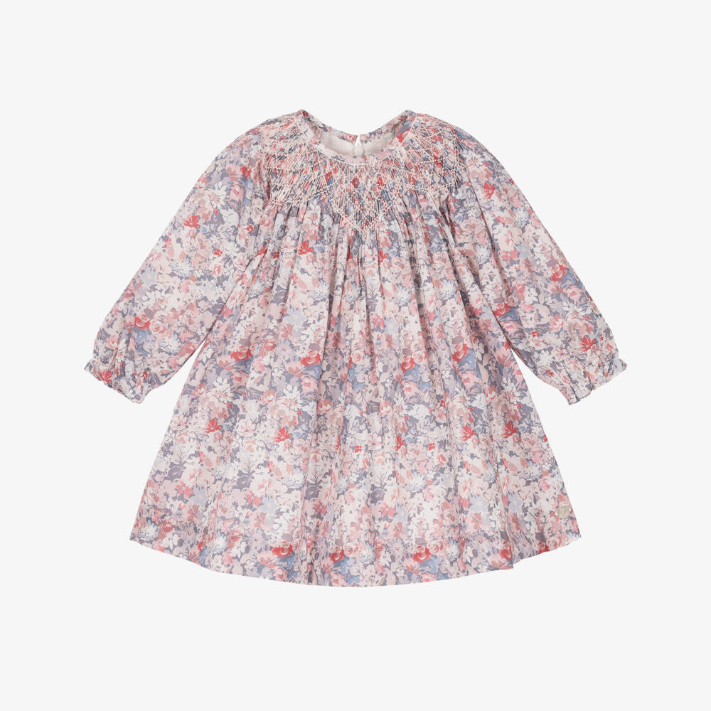Tartine et Chocolat-Girls Pink & Grey Cotton Floral Print Dress | Childrensalon