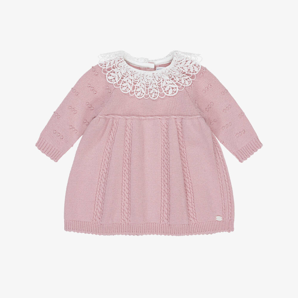Tartine et Chocolat-Girls Pink Knitted Dress with Lace Collar  | Childrensalon