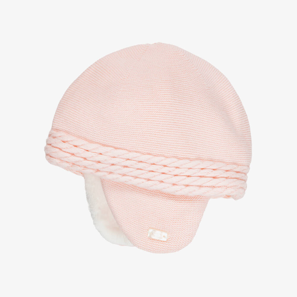 Tartine et Chocolat-Girls Pink Knitted Hat with Ear Flaps | Childrensalon