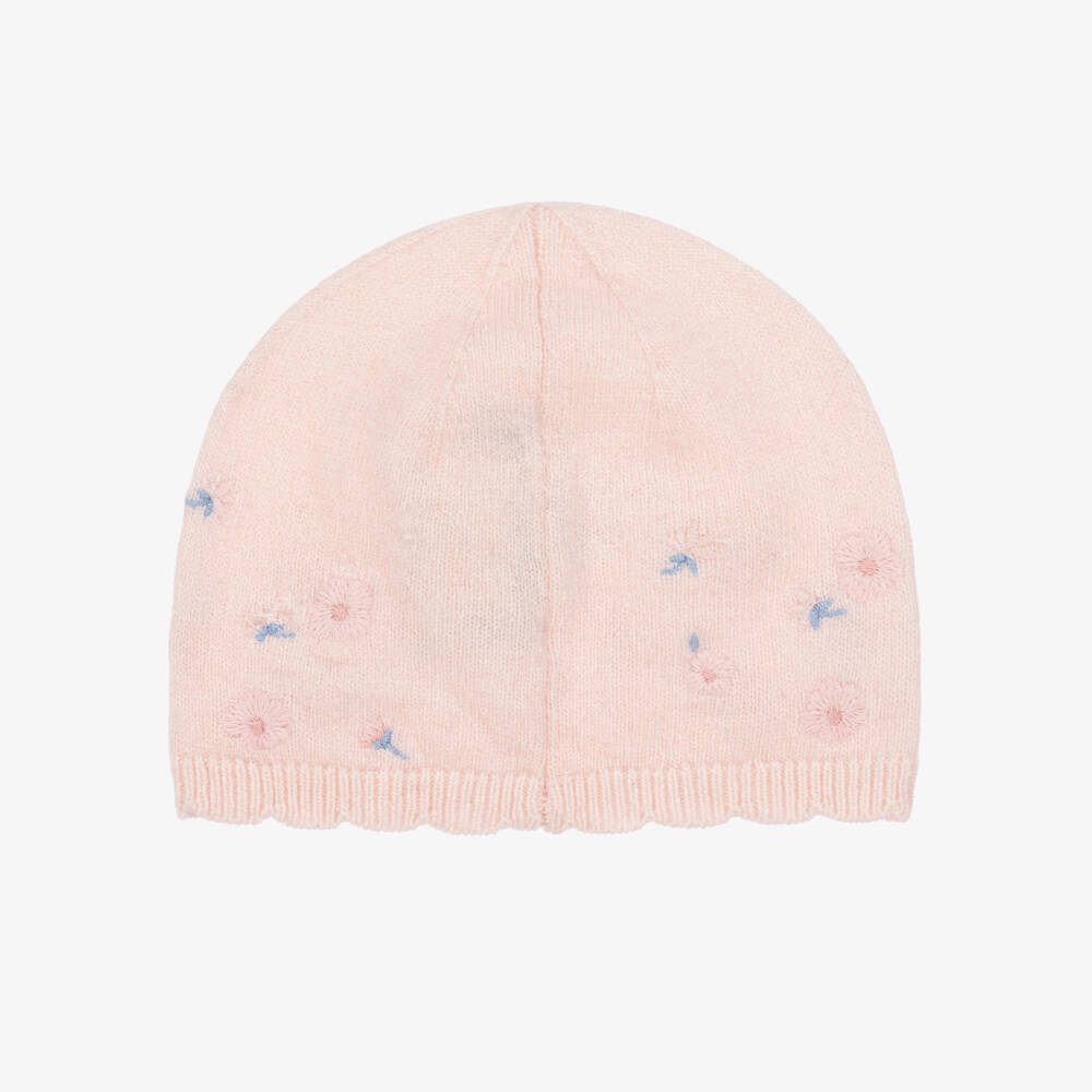 Tartine et Chocolat-Girls Pink Knitted Hat with Embroidered Flowers | Childrensalon