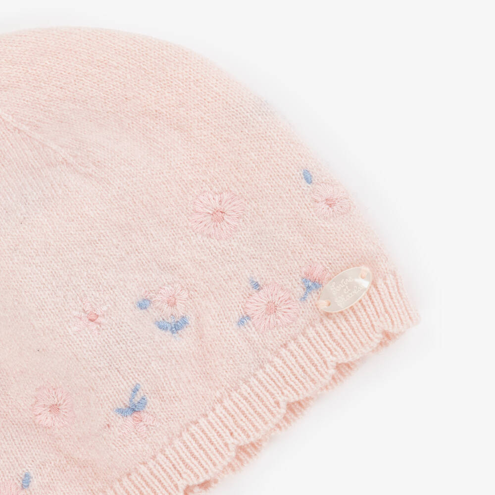 Tartine et Chocolat-Girls Pink Knitted Hat with Embroidered Flowers | Childrensalon
