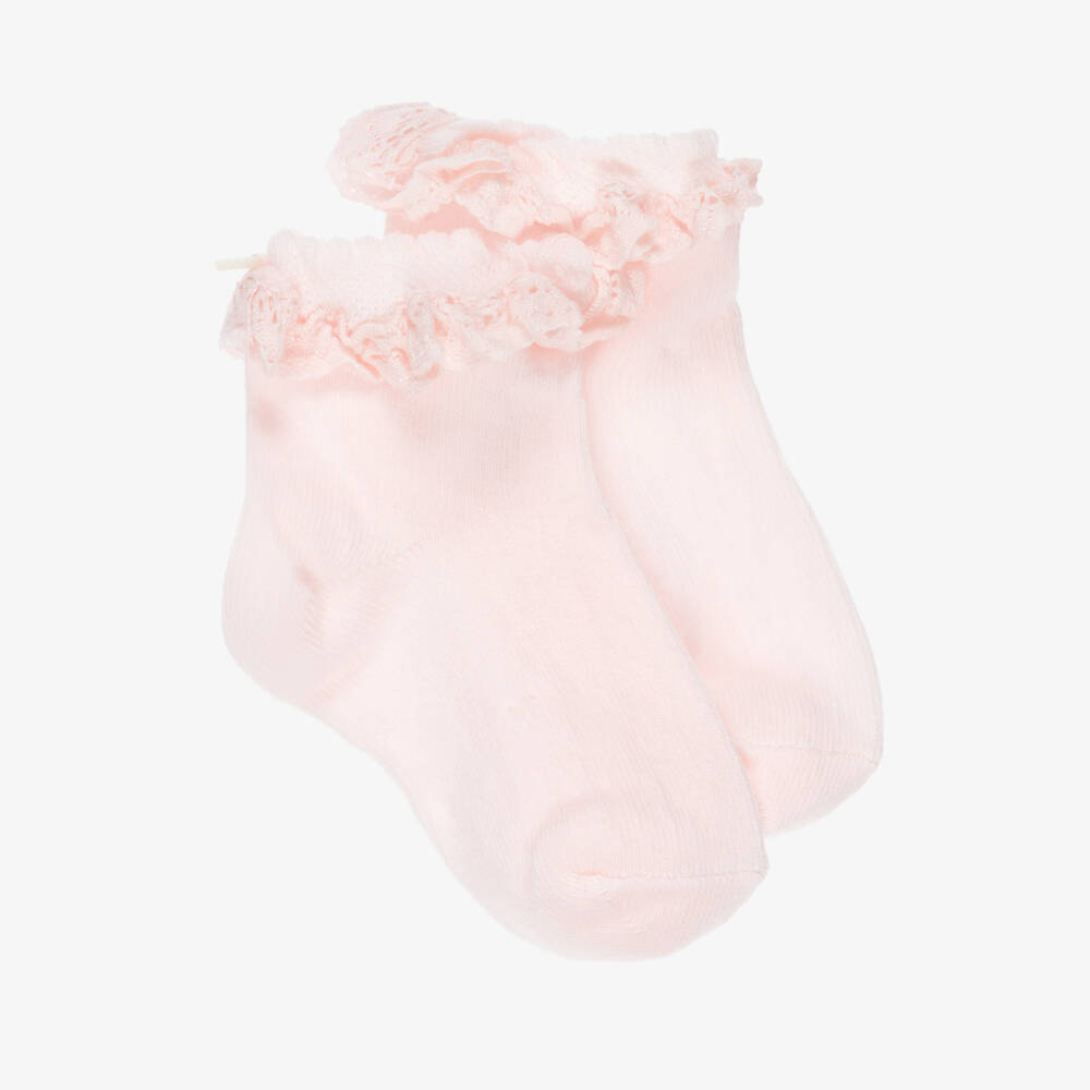 Tartine et Chocolat-Girls Pink Knitted Socks with Lace Frill Trims | Childrensalon