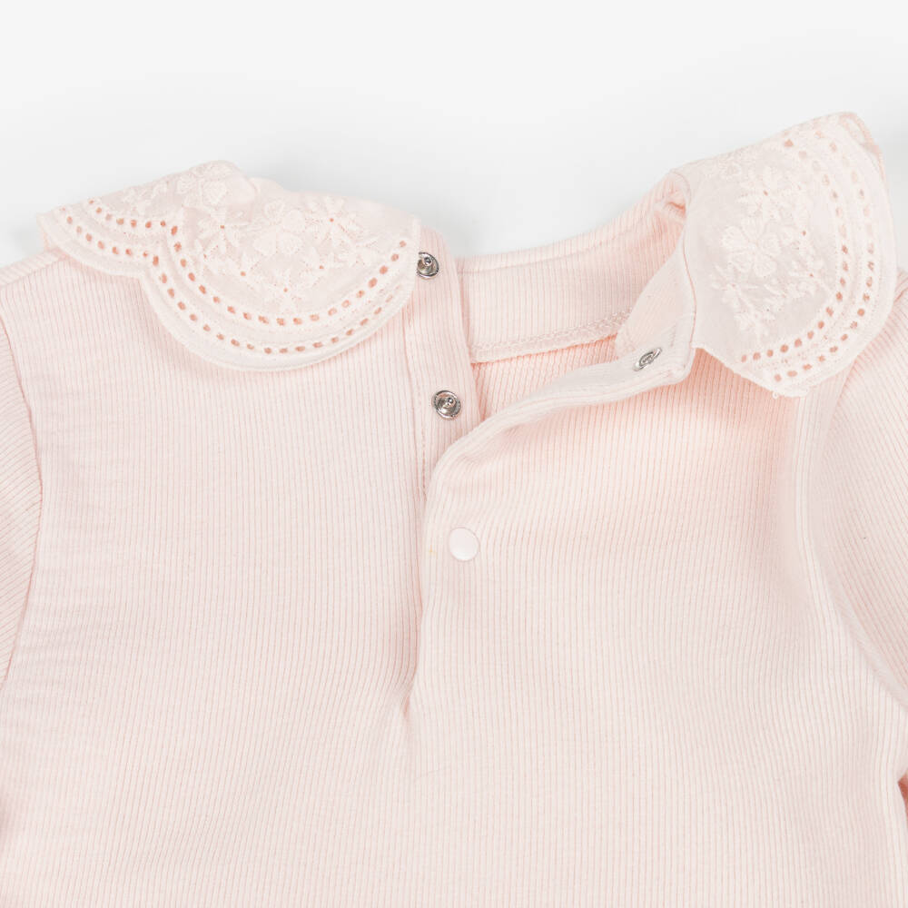 Tartine et Chocolat-Girls Pink Ribbed Cotton Jersey Top with Lace Collar | Childrensalon