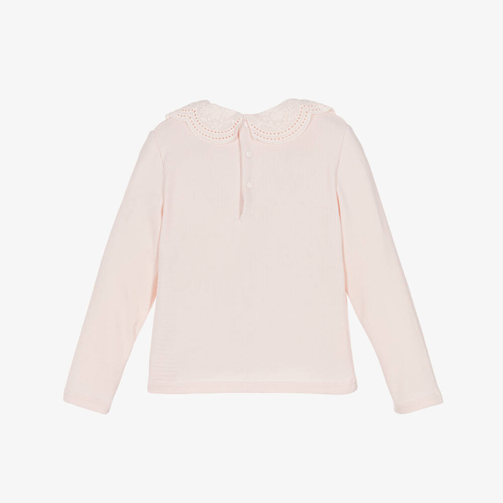 Tartine et Chocolat-Girls Pink Ribbed Cotton Jersey Top with Lace Collar | Childrensalon