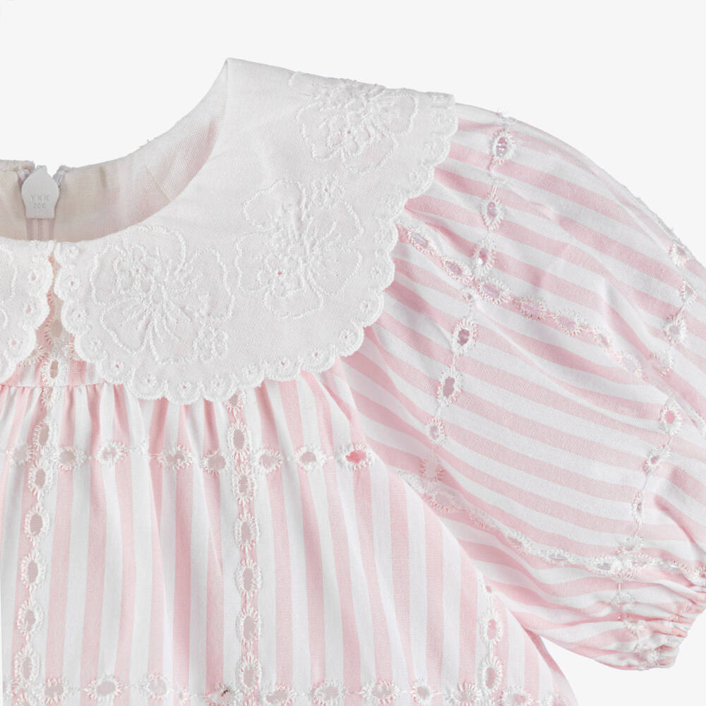 Tartine et Chocolat-Girls Pink Striped Cotton Dress with Embroidered Collar | Childrensalon