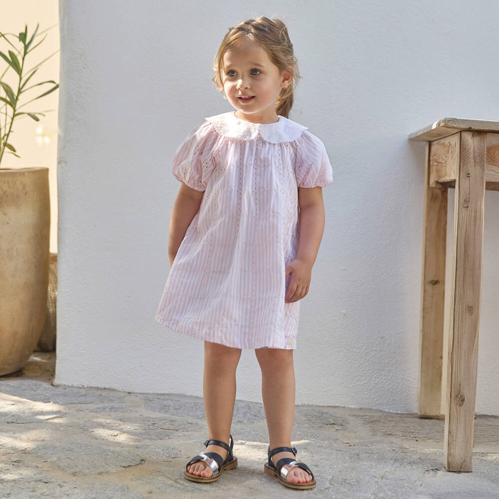Tartine et Chocolat-Платье розовое из полосатого хлопка с вышитым воротником для девочек | Childrensalon