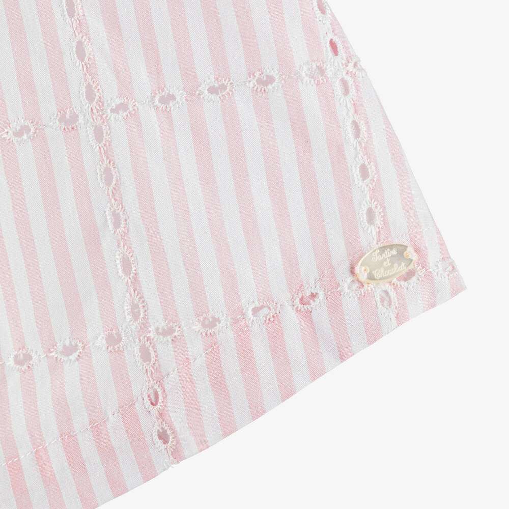 Tartine et Chocolat-Girls Pink Striped Cotton Dress with Embroidered Collar | Childrensalon