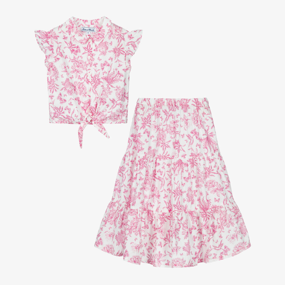 Tartine et Chocolat-Girls Pink Toile Du Jouy Blouse & Skirt Set | Childrensalon