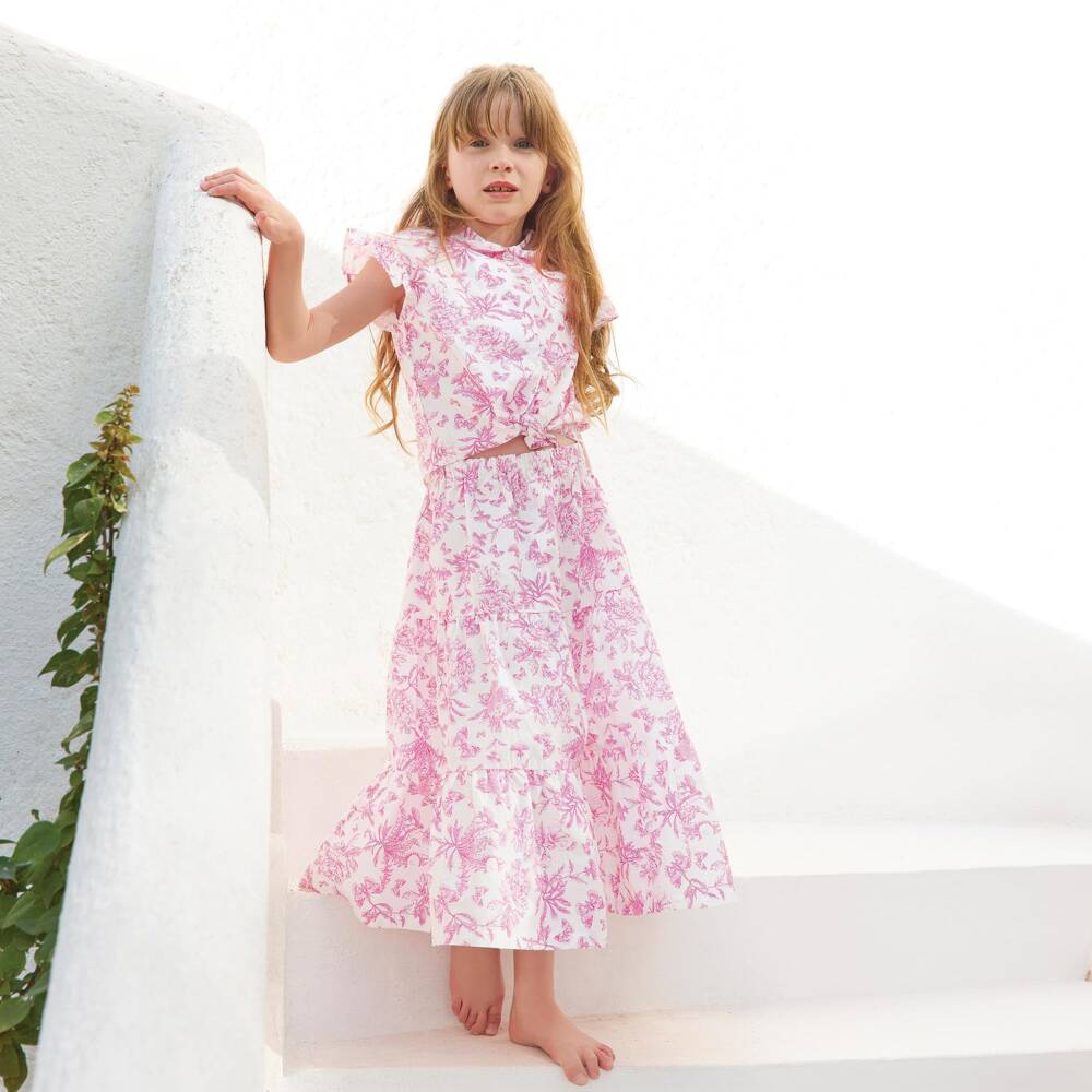 Tartine et Chocolat-Girls Pink Toile Du Jouy Blouse & Skirt Set | Childrensalon