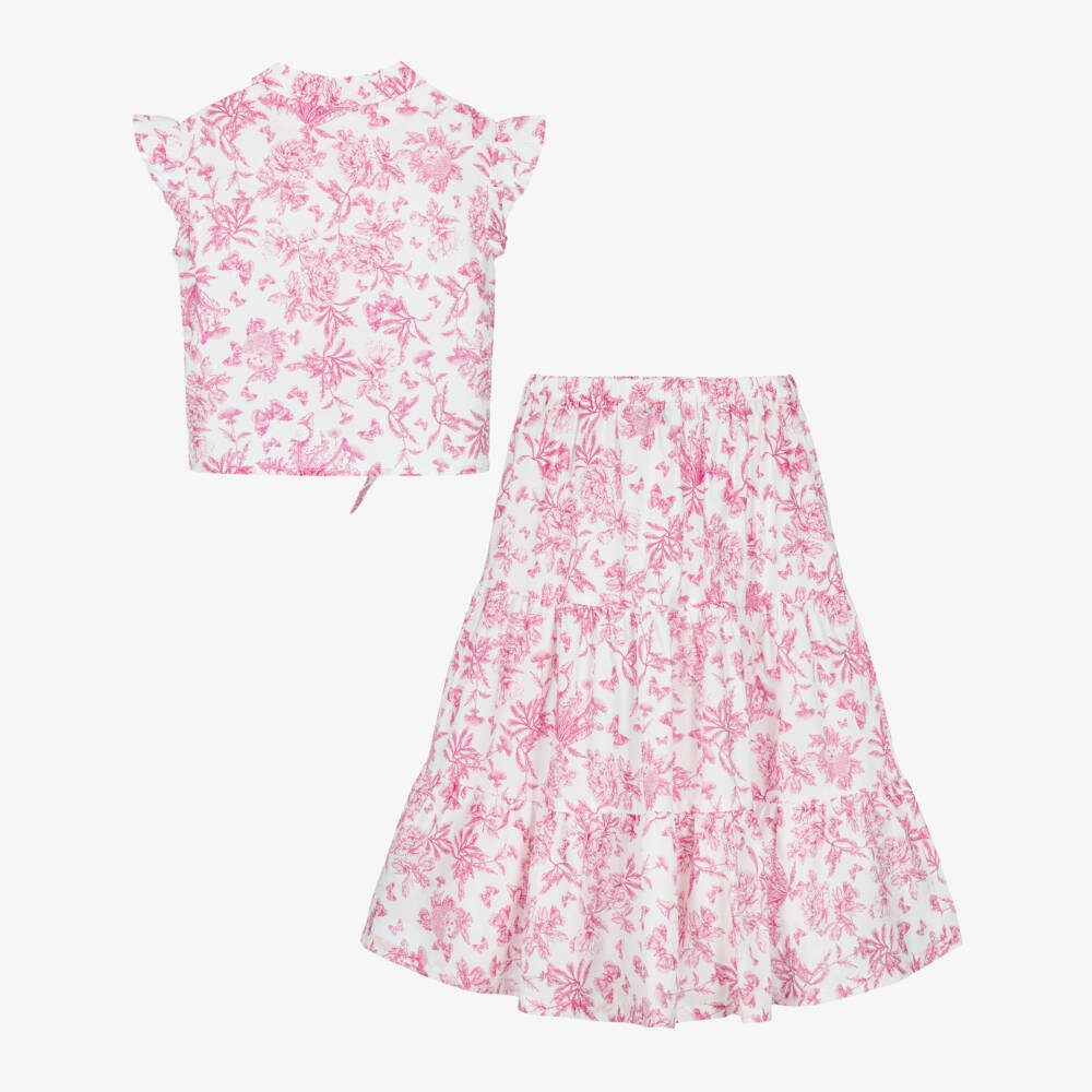 Tartine et Chocolat-Girls Pink Toile Du Jouy Blouse & Skirt Set | Childrensalon