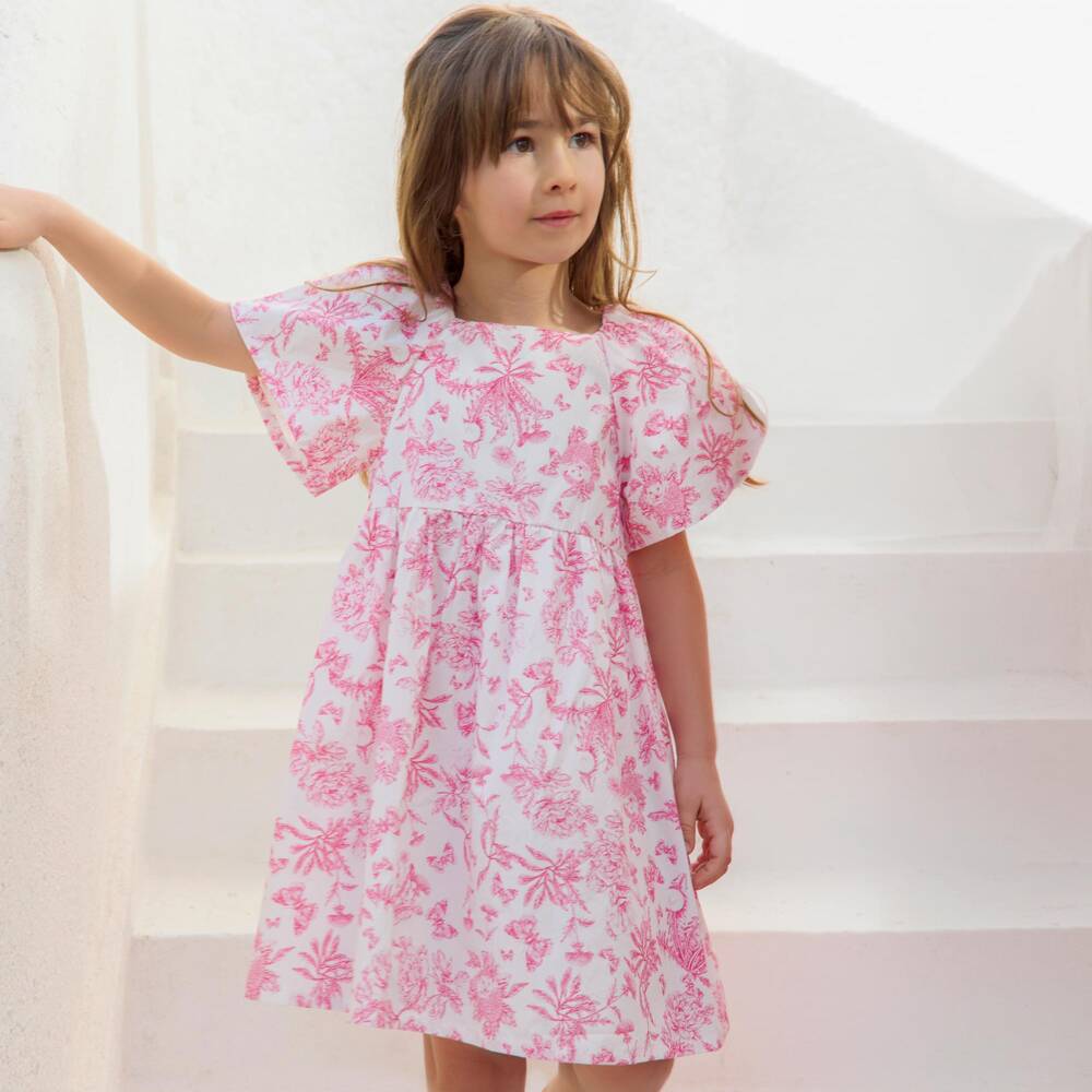 Tartine et Chocolat-Girls Pink Toile Du Jouy Dress with Flutter Sleeves | Childrensalon