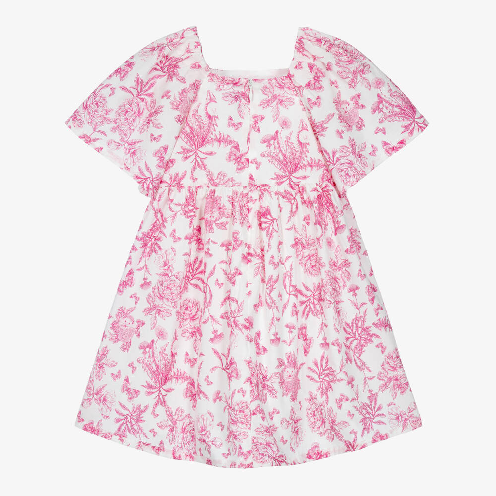 Tartine et Chocolat-Girls Pink Toile Du Jouy Dress with Flutter Sleeves | Childrensalon