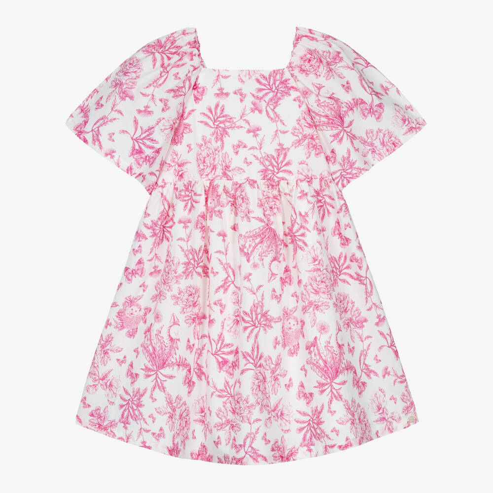 Tartine et Chocolat-Girls Pink Toile Du Jouy Dress with Flutter Sleeves | Childrensalon