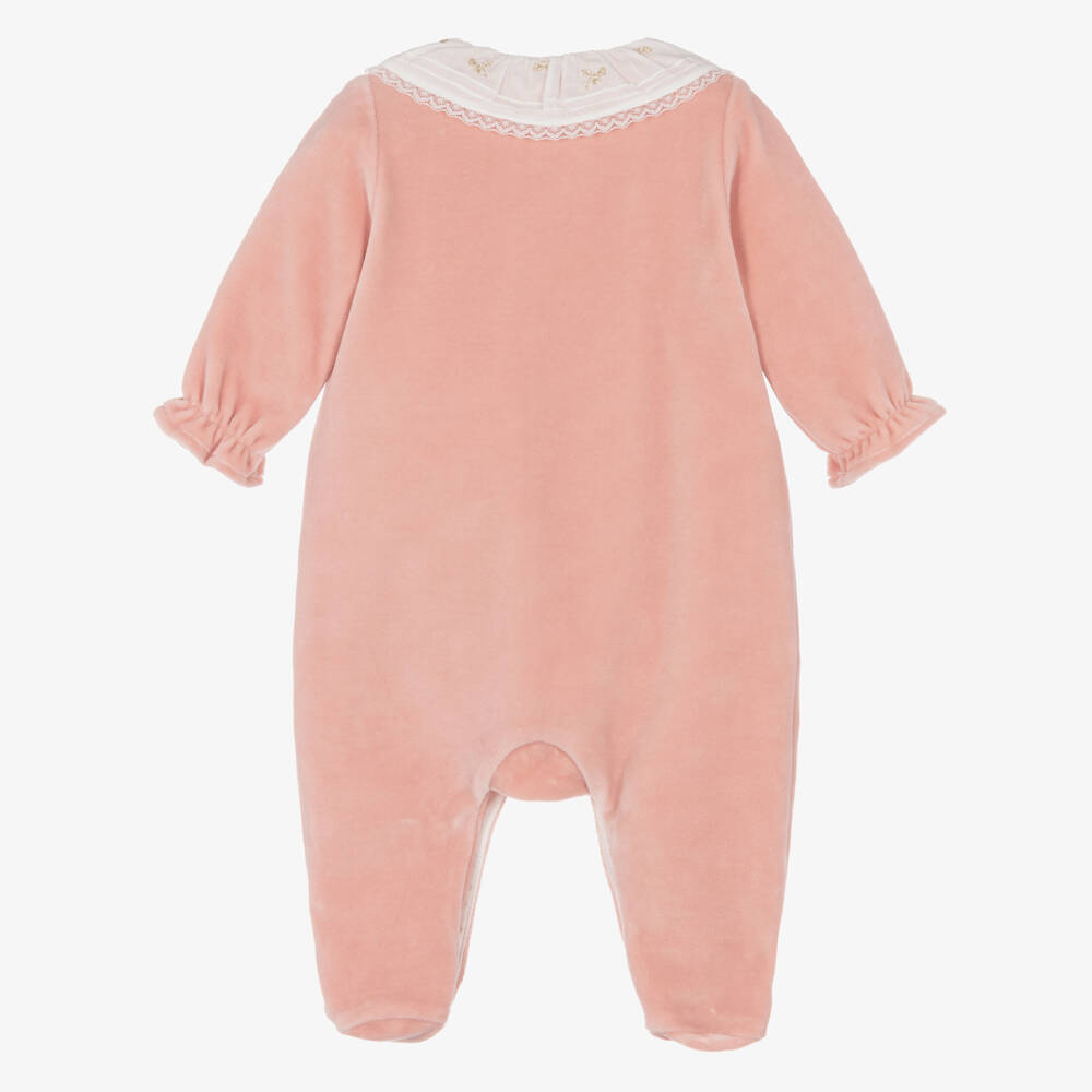 Tartine et Chocolat-Girls Pink Velour Babygrow with Lace Collar | Childrensalon