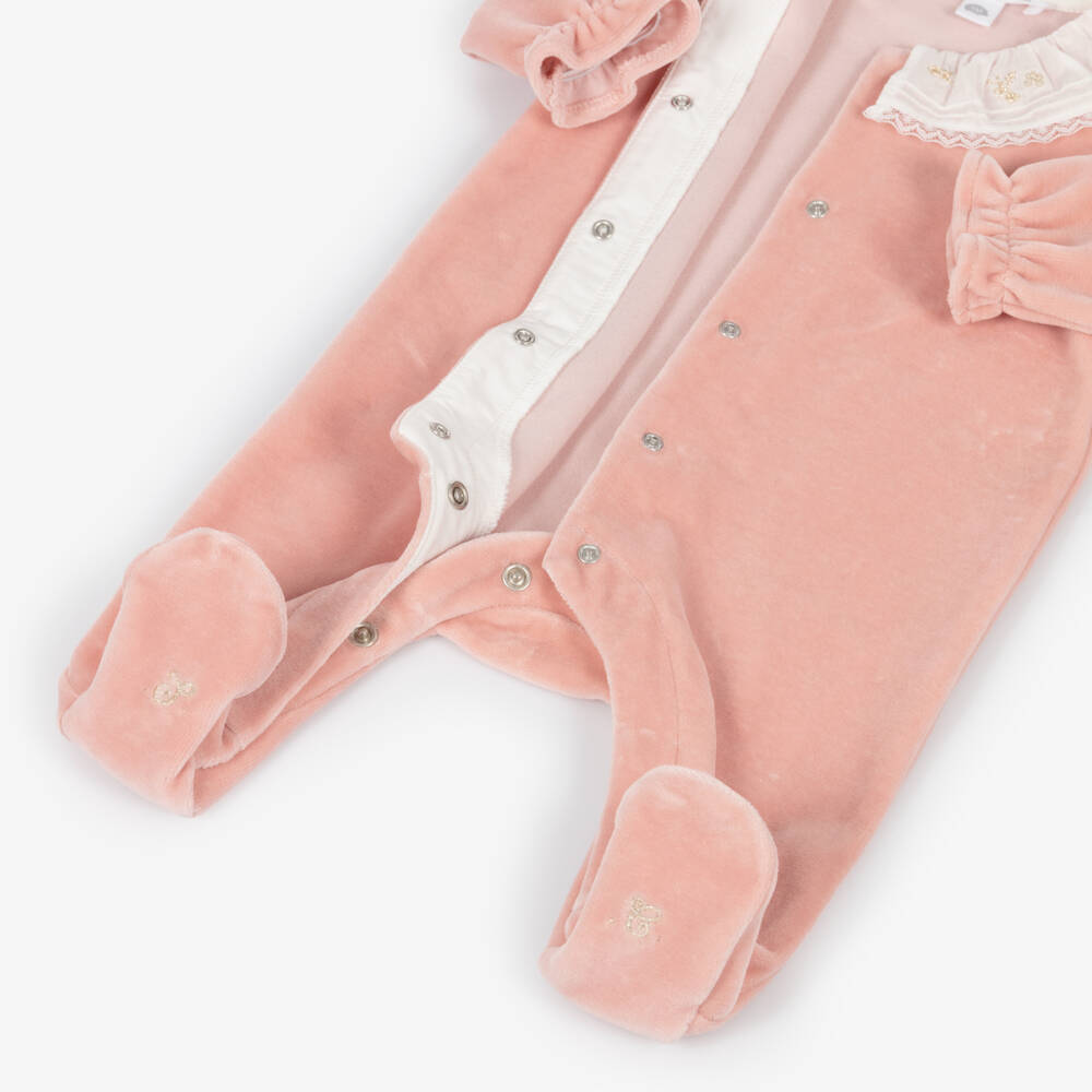 Tartine et Chocolat-Girls Pink Velour Babygrow with Lace Collar | Childrensalon