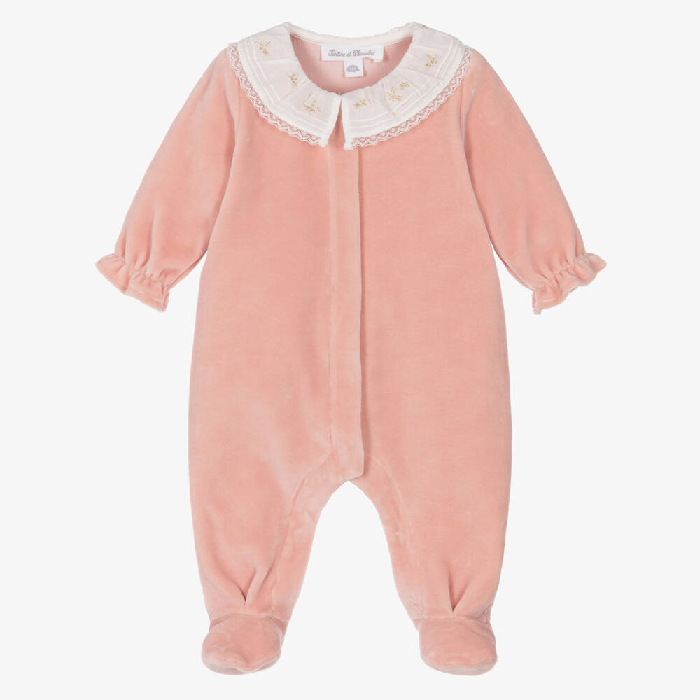 Tartine et Chocolat-Girls Pink Velour Babygrow with Lace Collar | Childrensalon