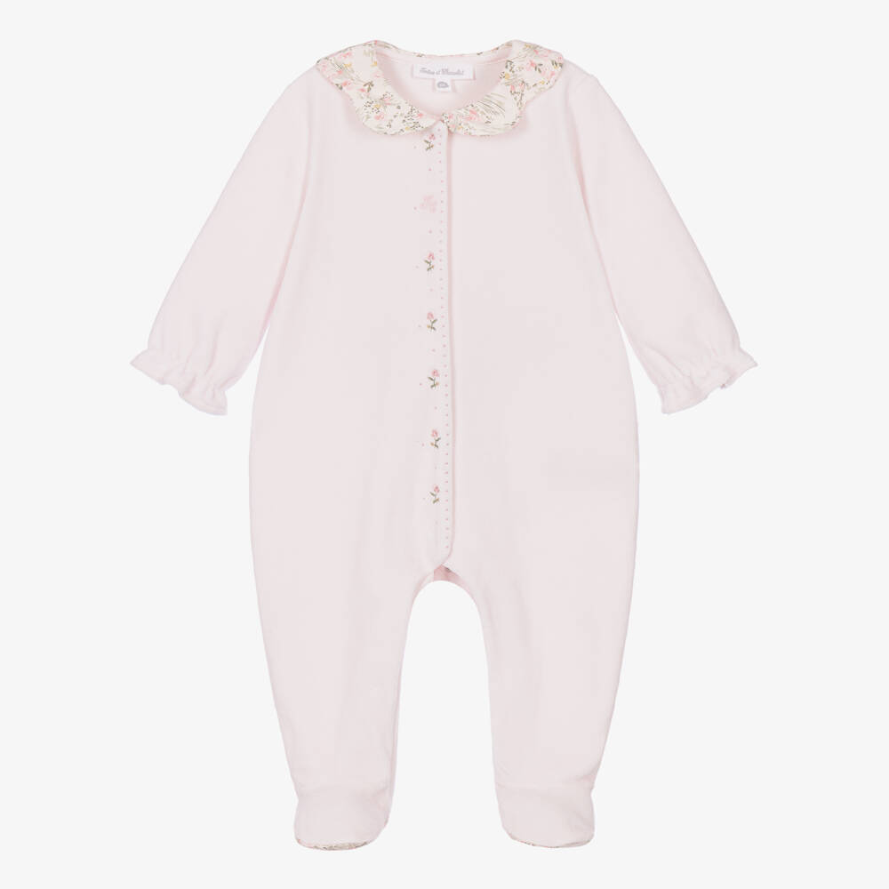 Tartine et Chocolat-Girls Pink Velour Babygrow with Scalloped Floral Collar | Childrensalon