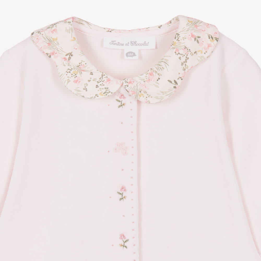 Tartine et Chocolat-Girls Pink Velour Babygrow with Scalloped Floral Collar | Childrensalon