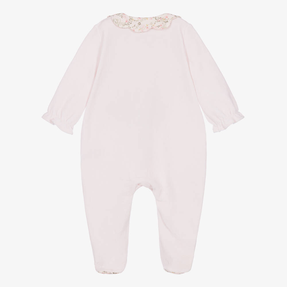 Tartine et Chocolat-Girls Pink Velour Babygrow with Scalloped Floral Collar | Childrensalon